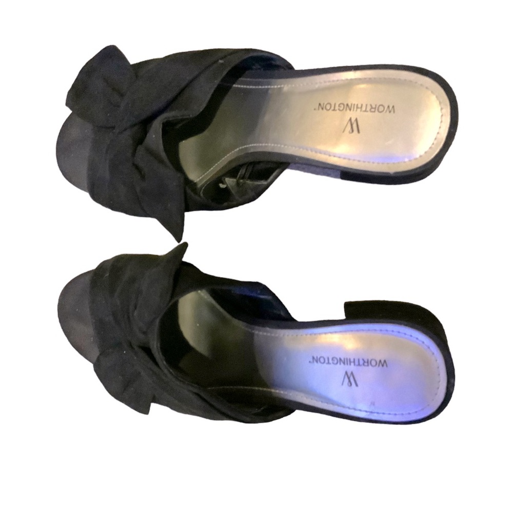Worthington Shoes Black Microsuede 3 Inch Chunky Heels Bow Detail Sandals Size 8 - Picture 3 of 8